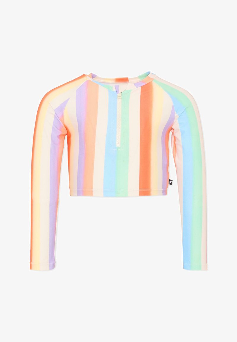 Chemise courte à manches longues avec des rayures verticales pastel en orange, violet, bleu, vert et crème, avec une fermeture éclair devant et un col rond.
