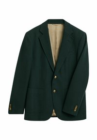 Blazer vert foncé avec un revers cranté, deux poches avant, boutons dorés et doublure beige, affichant un design propre et ajusté.