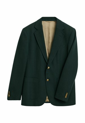 Dunkelgrüner Blazer mit Reverskragen, zwei vorderen Taschen, goldenen Knöpfen und beigem Futter, mit einem klaren, maßgeschneiderten Design.