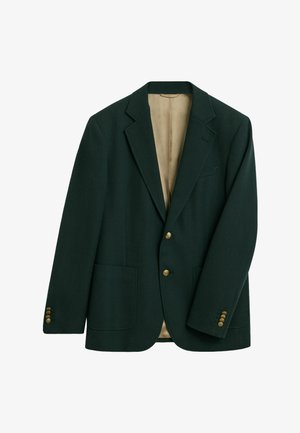 Donkergroene blazer met een revers, twee voorke pockets, gouden knopen en een beige voering, met een strakke, op maat gemaakte ontwerp.