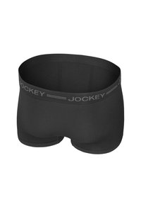 Svarta boxerkalsonger i slät tyg, med ett brett elastiskt midjeband som har en grå "JOCKEY"-logotyp och utan synliga sömmar.