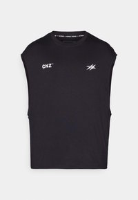 Camiseta sin mangas negra hecha de tejido suave, con el logotipo "CNZ" en blanco y un gráfico estilizado en la parte delantera, cuello redondo y corte relajado.