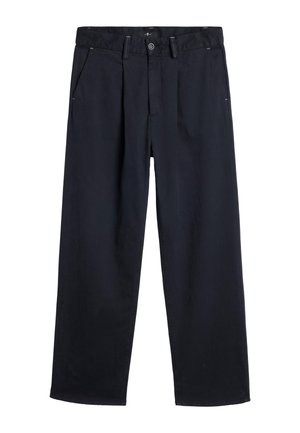 Wide-leg trousers in dark navy fabric, featuring front pleats, belt loops, and side pockets. Smooth texture with a simple design.