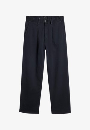 Wide-leg trousers in dark navy fabric, featuring front pleats, belt loops, and side pockets. Smooth texture with a simple design.