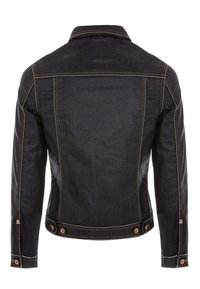 Dunkelblaue Denimjacke mit kupferfarbenen Nähten, Knopfdetails und klassischem Kragen. Verfügt über eine taillierte Passform und sichtbare Nähte auf der Rückseite.