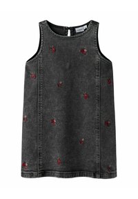 Ärmlös svart denimklänning med blommig broderi i rött och rosa. Har en bakre stängning och en rak skärning, strukturerad tyg.
