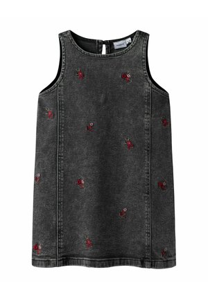 Juoda džinsinio audinio suknelė be rankovių, papuošta raudonais ir rožiniais gėlės siuvinėjimais. Turi nugarinį užsegimą ir tiesią iškirptę, tekstūruotą audinį.