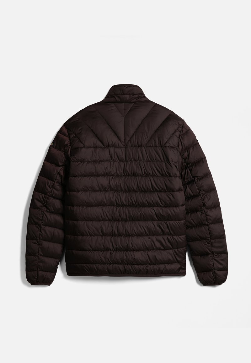 Dunkelbraune, gesteppten Pufferjacke mit hohem Kragen, horizontalen und vertikalen Steppnähten und langen Ärmeln.