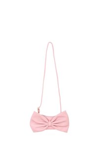 Borsa crossbody rosa realizzata in materiale sintetico testurizzato, con un design a fiocco e una tracolla sottile e regolabile per un uso versatile.