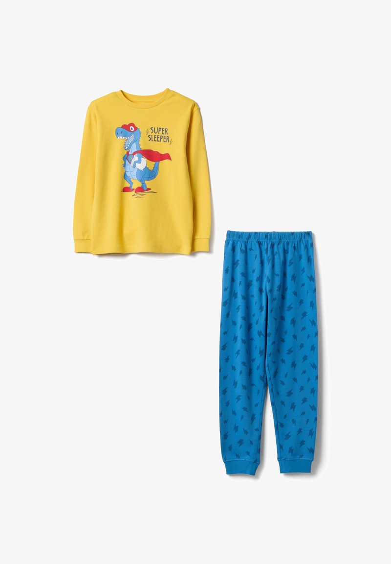 Parte superior de pijama de manga larga amarilla con gráfico de dinosaurio y texto "SUPER SLEEPER". Pantalones azules con patrón de rayos. Material de algodón.