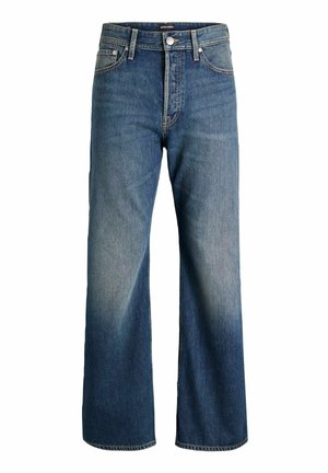 Jeans taille haute à jambes larges en denim bleu moyen. Présente un lavage décoloré, cinq poches et une fermeture à bouton à l'avant. Détail de surfilage contrasté.