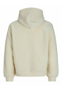 Cremefarvet hoodie lavet af tekstureret fleece-stof, med hætte og ribbede manchetter. Designet er enkelt uden synlige logoer.