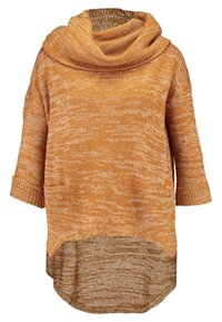 Loose-knit orange sweater with cowl neck, 3/4 sleeves, front patch pocket, and high-low hem.