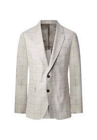 Jasnobeżowa marynarka w kratę z dwoma czarnymi guzikami, klapami, kieszeniami z patkami i częściowym podbiciem widocznym wewnątrz kołnierza.