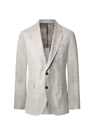Svetlo béžový károvaný blejzer s dvoma čiernymi gombíkmi, klopovými reverzmi, vreckami s preklopom a čiastočným podšívaním viditeľným vo vnútri goliera.