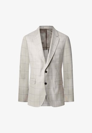 Light beige checked blazer with two black buttons, notched lapels, flap pockets, and partial lining visible inside collar.