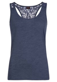 Marinblå linne i mjukt tyg med spetsdetaljer på baksidan och breda axelband, med rundad halsringning och avslappnad passform.