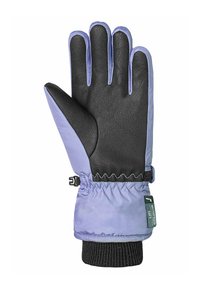 Hanskat med lila nylonutsida, svart läderhandflata, elastisk manschett och justerbart band för en säker passform.