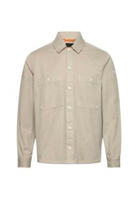 Beige long-sleeve button-up shirt with two chest pockets, collar, and buttoned cuffs.