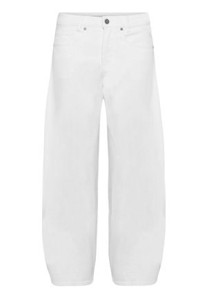 Hvide vidde-leggings jeans i denim med knap- og lynlåslukning, lommer foran og bagpå samt bæltestropper.