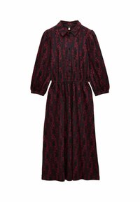 Dlhé, tmavočervené šaty s kvetinovým vzorom, zapínanie na gombíky vpredu a golierom košeľového typu. Obsahujú elastický pás a dlhé nadýchané rukávy.
