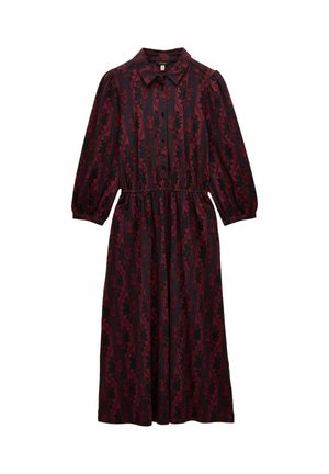 Langes, dunkelrotes Kleid mit Blumenmuster, Knopfverschluss vorne und Hemdkragen. Hat einen elastischen Bund und lange Puffärmel.