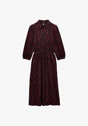 Langes, dunkelrotes Kleid mit Blumenmuster, Knopfverschluss vorne und Hemdkragen. Hat einen elastischen Bund und lange Puffärmel.