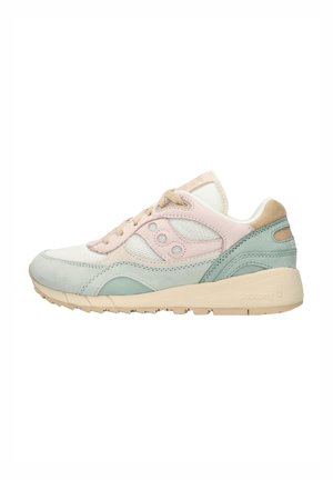 Pastel-colored sneaker featuring a mix of leather and mesh materials. Design includes a rounded toe, textured accents, and a cushioned sole.