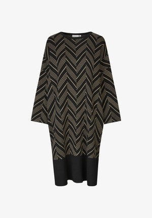 Schwarzes Kleid mit einem goldenen Zickzackmuster, ausgestattet mit langen Ärmeln und einer lockeren Passform. Hergestellt aus einem weichen, strukturierten Stoff. Rundhalsausschnitt.