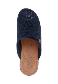 Pantofole blu navy con motivo leopardato, materiale morbido e soletta in sughero. Presentano una parte superiore liscia e un design a punta rotonda.