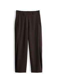 Dark brown straight-leg trousers with belt loops, side pockets, button, and zip closure on a white background.