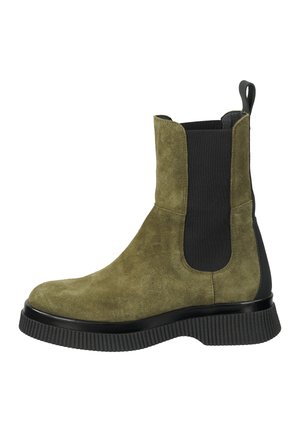 Olive green suede ankle boot with elastic side panels, black rubber sole, and textured outsole for traction. Contemporary chelsea design.