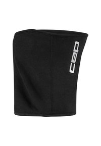Gaiter per il collo in tessuto nero con cucitura verticale e logo "CEP" bianco sul lato, progettato per il calore e l'uso in sport all'aperto.