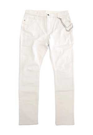 Jeans in denim bianco con vestibilità slim, cinque tasche e dettaglio in catena argentata sul davanti. Presentano un logo stampato sulla coscia.