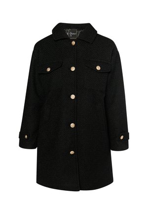 Schwarzmantel aus strukturiertem Stoff, mit einem Kragen, zwei Brusttaschen und goldenen Knöpfen zum Schließen. Verstellbare Manschetten mit Knopfdetails.