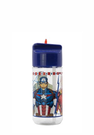 Plastic water bottle with a blue lid, featuring comic-style graphics of a character in a blue and red suit. Includes a red straw and accents.