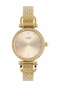 Goldene Armbanduhr mit kristallbesetzter Lünette, römischen Ziffern als Stundenmarkierungen und verlinktem Metallarmband, die die Zeit 2:10:36 anzeigt.