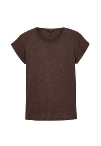 T-shirt marrone a maniche corte realizzato in tessuto testurizzato, con collo rotondo e maniche arrotolate. Design semplice, vestibilità casual.