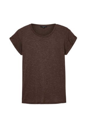 T-shirt marrone a maniche corte realizzato in tessuto testurizzato, con collo rotondo e maniche arrotolate. Design semplice, vestibilità casual.