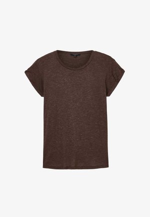 T-shirt marrone a maniche corte realizzato in tessuto testurizzato, con collo rotondo e maniche arrotolate. Design semplice, vestibilità casual.