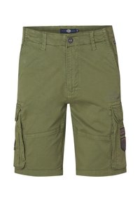 Cargo shorts in olive green fabric with multiple pockets, stitched detailing, and a logo accent on the side. Durable, lightweight material.