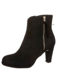 Bottine en daim noire avec un talon haut, fermeture à glissière sur le côté, texture lisse et détails de couture minimalistes.