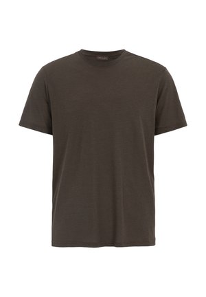 Mørkegrøn kortærmet t-shirt lavet af blødt stof, med rund halsudskæring og afslappet pasform, uden synlige mønstre eller detaljer.