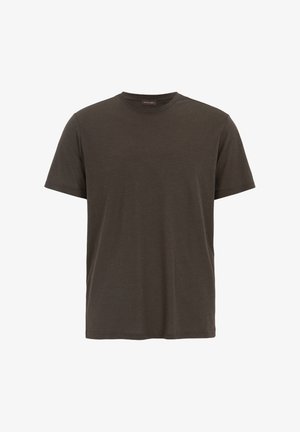 Dunkelgrünes, kurzärmeliges T-Shirt aus weichem Stoff, mit Rundhalsausschnitt und lockerer Passform, ohne sichtbare Muster oder Akzente.