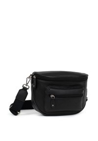 Borsa a tracolla in pelle nera con una forma arrotondata, dotata di due scomparti con zip e una tracolla removibile, texture liscia e hardware minimale.