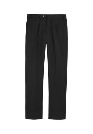 Pantalones formales negros con trabillas para cinturón, botón frontal y bolsillos, mostrados extendidos sobre un fondo blanco.
