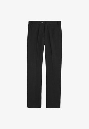 Pantalones formales negros con trabillas para cinturón, botón frontal y bolsillos, mostrados extendidos sobre un fondo blanco.