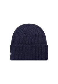 Berretto lavorato a maglia navy con texture a coste, risvolto, e un piccolo dettaglio con logo bianco sul lato. Tessuto morbido e vestibilità comoda.