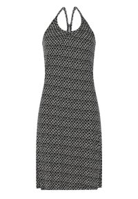 Vestido halter blanco y negro con un cuerpo ajustado, que presenta un patrón de diamantes, tirantes finos y un dobladillo recto. Tejido suave y texturizado.