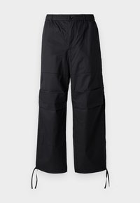 Black cargo pants made of lightweight fabric. Features a drawstring hem and multiple pockets. Straight-leg design with an elastic waistband.
